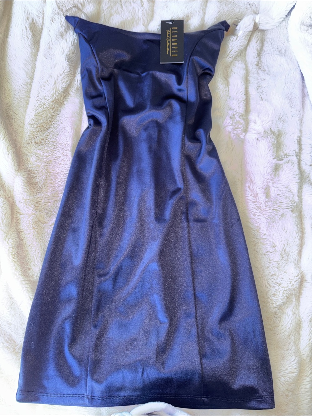 Revamped Strapless Shimmer Royal Blue Satin Mini Dress